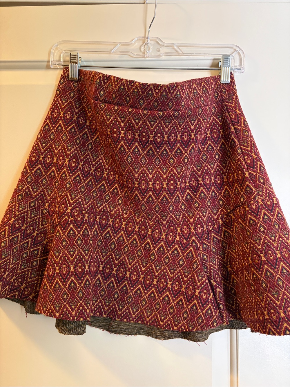 Free People Burgundy and Gold Diamond-Pattern Skater Skirt